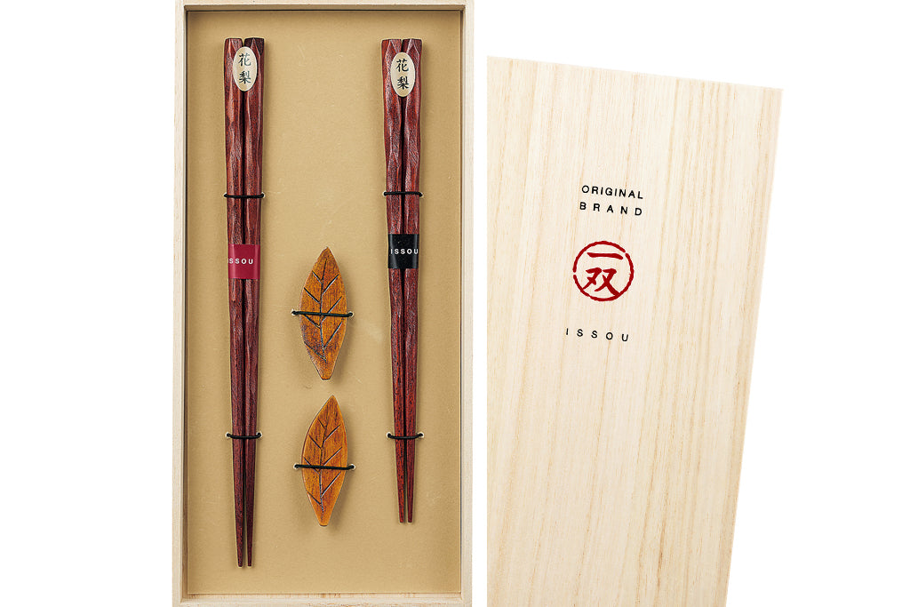 若狭塗 一双/ギフトセット 桐箱 花梨&箸置ゆずりは 2P -かりん&はしおきゆずりは-
