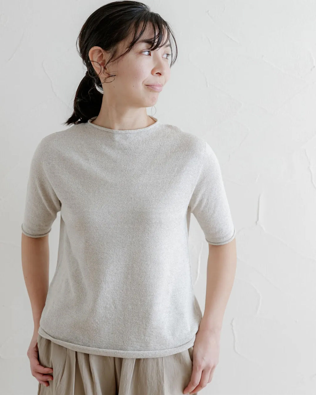 天衣無縫 自然のいろ 綿麻５分袖プルオーバー《 M～L 》生成り/ブラウン 日本製