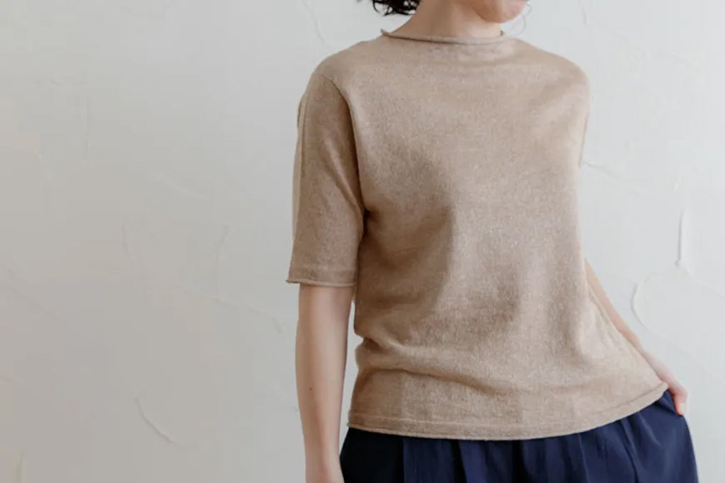 天衣無縫 自然のいろ 綿麻５分袖プルオーバー《 M～L 》生成り/ブラウン 日本製