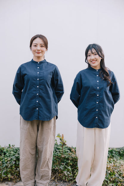 SUN VALLEY（サンバレー）オックス スタンドカラーシャツ ＜Mサイズ / Lサイズ＞ ホワイト/ネイビー 日本製品染 SKT005000