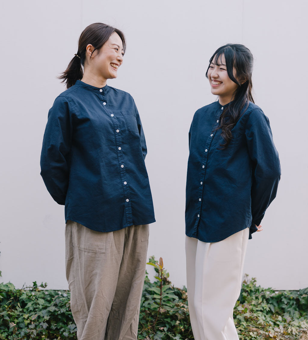 SUN VALLEY（サンバレー）オックス スタンドカラーシャツ ＜Mサイズ / Lサイズ＞ ホワイト/ネイビー 日本製品染 SKT005000