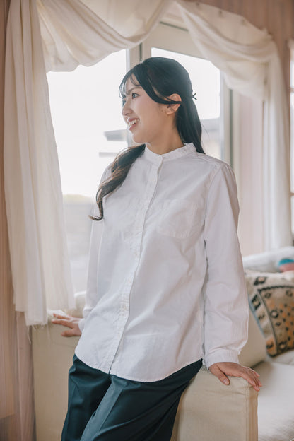 SUN VALLEY（サンバレー）オックス スタンドカラーシャツ ＜Mサイズ / Lサイズ＞ ホワイト/ネイビー 日本製品染 SKT005000